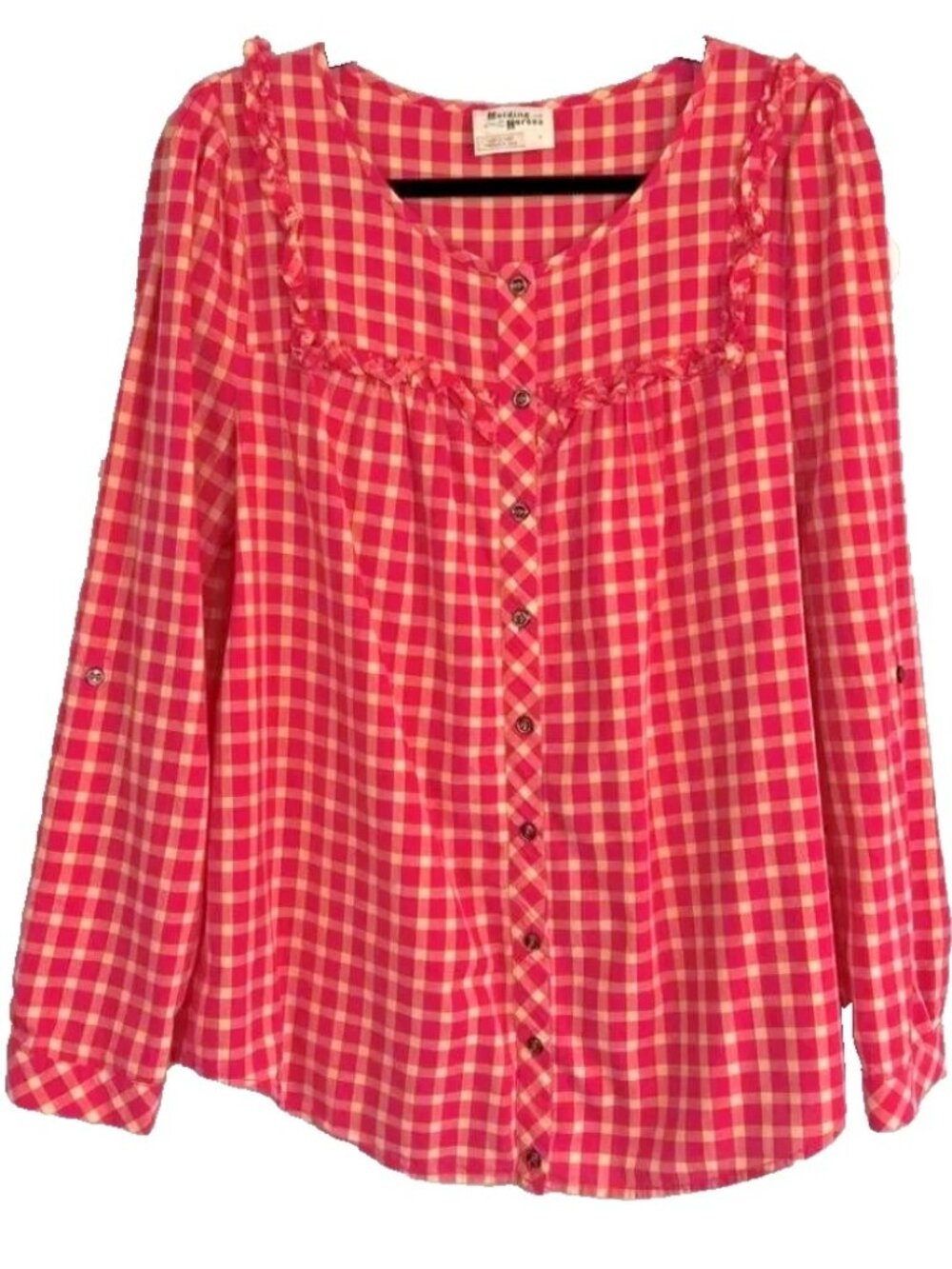 HOLDING HORSES Anthropology Red Pink Gingham Blouse Small